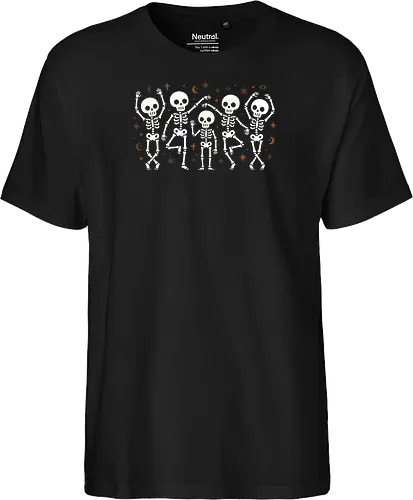 Celestial Spooks: The Dancing Skeletons - cute dancing skeletons shirt, boho witchy graphic tee, celestial halloween apparel, spooky cute streetwear, pastel goth skeleton merch, minimalist skull design, moon and stars clothing, aesthetic autumn fashion, friendly skeleton illustration, indie alternative halloween tee - Fairtrade T-Shirt