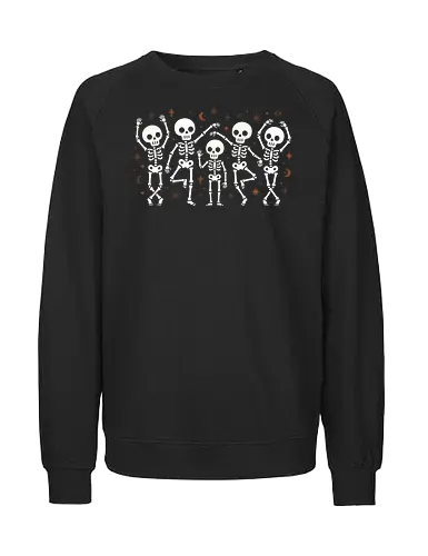 Celestial Spooks: The Dancing Skeletons - cute dancing skeletons shirt, boho witchy graphic tee, celestial halloween apparel, spooky cute streetwear, pastel goth skeleton merch, minimalist skull design, moon and stars clothing, aesthetic autumn fashion, friendly skeleton illustration, indie alternative halloween tee - Fairtrade Sweatshirt