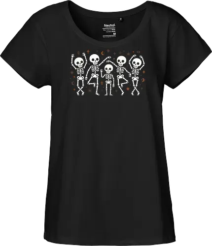 Celestial Spooks: The Dancing Skeletons - cute dancing skeletons shirt, boho witchy graphic tee, celestial halloween apparel, spooky cute streetwear, pastel goth skeleton merch, minimalist skull design, moon and stars clothing, aesthetic autumn fashion, friendly skeleton illustration, indie alternative halloween tee - Fairtrade Girl Shirt
