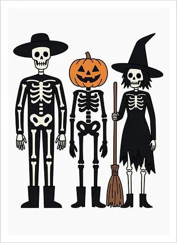 Trick-or-Treat Trio: The Spooky Squad - Halloween trick or treat shirt, spooky cute skeleton graphic, pumpkin head monster tee, nostalgic halloween apparel, witch and skeleton clothing, creepy cartoon streetwear, autumn spooky season merch, gothic animated characters, funny halloween squad shirt, alternative fall graphic tee - Artprint