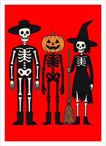 Trick-or-Treat Trio: The Spooky Squad - Halloween trick or treat shirt, spooky cute skeleton graphic, pumpkin head monster tee, nostalgic halloween apparel, witch and skeleton clothing, creepy cartoon streetwear, autumn spooky season merch, gothic animated characters, funny halloween squad shirt, alternative fall graphic tee - Artprint