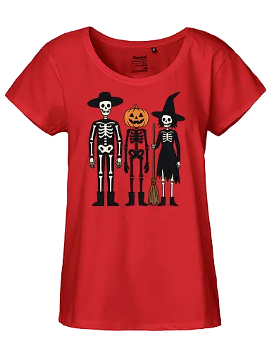 Trick-or-Treat Trio: The Spooky Squad - Halloween trick or treat shirt, spooky cute skeleton graphic, pumpkin head monster tee, nostalgic halloween apparel, witch and skeleton clothing, creepy cartoon streetwear, autumn spooky season merch, gothic animated characters, funny halloween squad shirt, alternative fall graphic tee - Fairtrade Girl Shirt