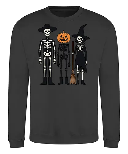 Trick-or-Treat Trio: The Spooky Squad - Halloween trick or treat shirt, spooky cute skeleton graphic, pumpkin head monster tee, nostalgic halloween apparel, witch and skeleton clothing, creepy cartoon streetwear, autumn spooky season merch, gothic animated characters, funny halloween squad shirt, alternative fall graphic tee - Sweatshirt