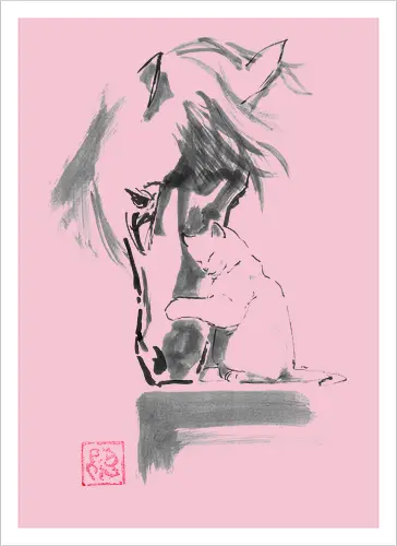 horse and cat - horse, sumie, japan, cat - Artprint
