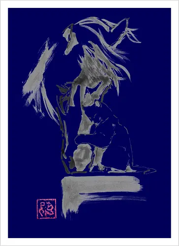 horse and cat - horse, sumie, japan, cat - Artprint