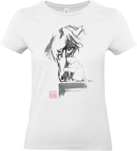 horse and cat - horse, sumie, japan, cat - Standard T-Shirt (Women)
