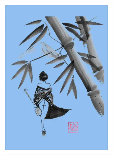 geishamisen - geisha, sumie, nude, bamboo, shamisen - Artprint