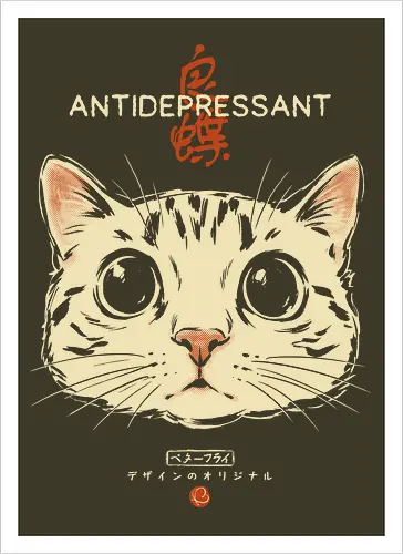 Antidepressant - cat, funny, vintage, retro, japanese, therapy, cute, mood, funny cat, cat lover, mental health, humor, kawaii, neko, quote, introvert, cat lover - Artprint