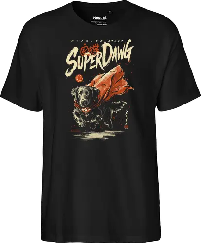 Super Dawg - superpower, comic, golden retriever, red cape, funny dog, parody, art print, sumi-e style, cool, dog, funny, vintage, retro, japanese, hero - Fairtrade T-Shirt