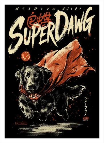 Super Dawg - superpower, comic, golden retriever, red cape, funny dog, parody, art print, sumi-e style, cool, dog, funny, vintage, retro, japanese, hero - Artprint