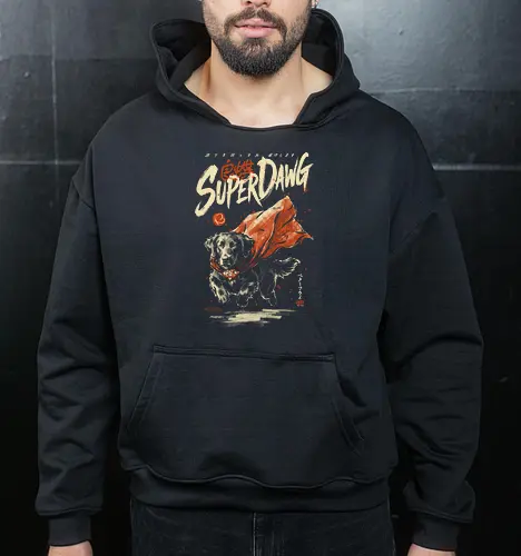 Super Dawg - superpower, comic, golden retriever, red cape, funny dog, parody, art print, sumi-e style, cool, dog, funny, vintage, retro, japanese, hero - Cropped Hoodie