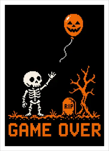 Game Over - Halloween - Pixel Art - Skelett - Kürbis - 8 Bit, Gamer, gruselig, Totenkopf, Geister, Friedhof, Halloween Deko, Retro, Halloween, Game Over, Skelett, Kürbis, Pixelkunst, Retro Gaming - Artprint