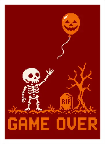 Game Over - Halloween - Pixel Art - Skelett - Kürbis - 8 Bit, Gamer, gruselig, Totenkopf, Geister, Friedhof, Halloween Deko, Retro, Halloween, Game Over, Skelett, Kürbis, Pixelkunst, Retro Gaming - Artprint