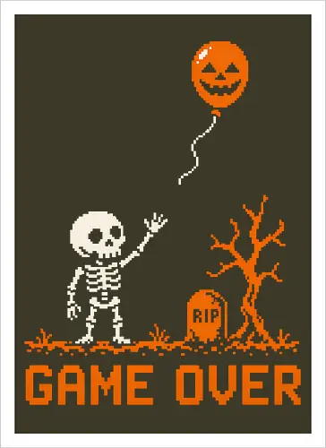Game Over - Halloween - Pixel Art - Skelett - Kürbis - 8 Bit, Gamer, gruselig, Totenkopf, Geister, Friedhof, Halloween Deko, Retro, Halloween, Game Over, Skelett, Kürbis, Pixelkunst, Retro Gaming - Artprint