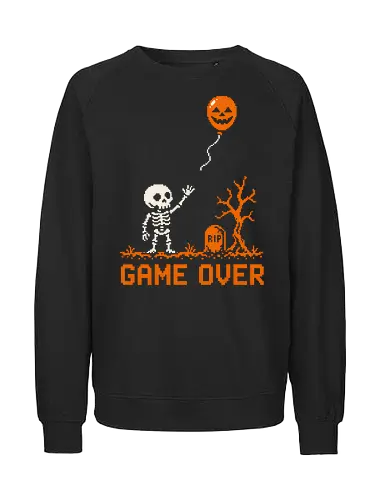 Game Over - Halloween - Pixel Art - Skelett - Kürbis - 8 Bit, Gamer, gruselig, Totenkopf, Geister, Friedhof, Halloween Deko, Retro, Halloween, Game Over, Skelett, Kürbis, Pixelkunst, Retro Gaming - Fairtrade Sweatshirt