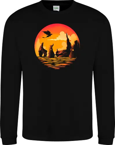 Land Of Dragons - dragon, berk, fantasy, isle, landscape, medieval, movies, negative space art, nordic, retro, scandinavian, Dragon, valhalla, viking, vintage - Sweatshirt