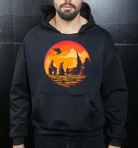 Land Of Dragons - dragon, berk, fantasy, isle, landscape, medieval, movies, negative space art, nordic, retro, scandinavian, Dragon, valhalla, viking, vintage - Cropped Hoodie