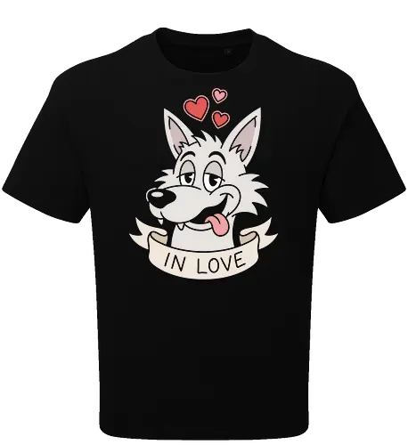 Puppy Love: The Smitten Wolf - in love wolf shirt, retro cartoon dog graphic, funny puppy love apparel, vintage animal streetwear, romantic graphic tee, goofy husky design, pastel aesthetic clothing, traditional tattoo ribbon merch, cute animal crush shirt, nostalgic cartoon fashion - Oversize T-Shirt
