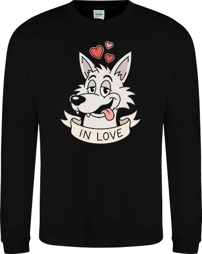 Puppy Love: The Smitten Wolf - in love wolf shirt, retro cartoon dog graphic, funny puppy love apparel, vintage animal streetwear, romantic graphic tee, goofy husky design, pastel aesthetic clothing, traditional tattoo ribbon merch, cute animal crush shirt, nostalgic cartoon fashion - Sweatshirt