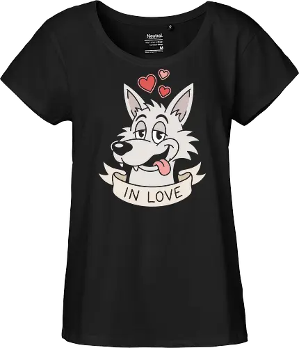 Puppy Love: The Smitten Wolf - in love wolf shirt, retro cartoon dog graphic, funny puppy love apparel, vintage animal streetwear, romantic graphic tee, goofy husky design, pastel aesthetic clothing, traditional tattoo ribbon merch, cute animal crush shirt, nostalgic cartoon fashion - Fairtrade Girl Shirt