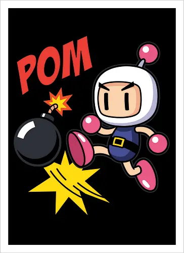 Blast Off: The White Bomber - Bomberman shirt, retro gaming graphic tee, classic arcade apparel, white bomber design, 8-bit nostalgia streetwear, explosive action shirt, 90s gamer fashion, vintage video game merch, Japanese pop art tee, colorful gamer clothing - Artprint