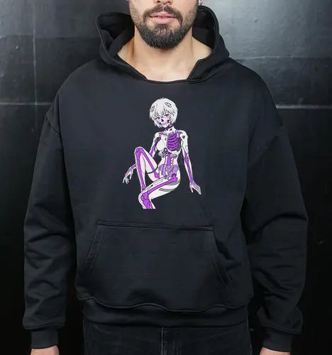 Vessel of Souls: The Synthetic Anatomy - Rei Ayanami apparel, anime skeleton graphic tee, body horror streetwear, First Child design, cyber goth clothing, 90s retro mecha fashion, aesthetic dark anime shirt, psychological sci-fi merch, neon skeleton anime tee - Cropped Hoodie