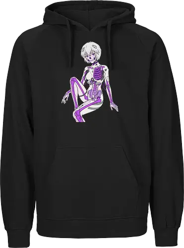 Vessel of Souls: The Synthetic Anatomy - Rei Ayanami apparel, anime skeleton graphic tee, body horror streetwear, First Child design, cyber goth clothing, 90s retro mecha fashion, aesthetic dark anime shirt, psychological sci-fi merch, neon skeleton anime tee - Fairtrade Hoodie
