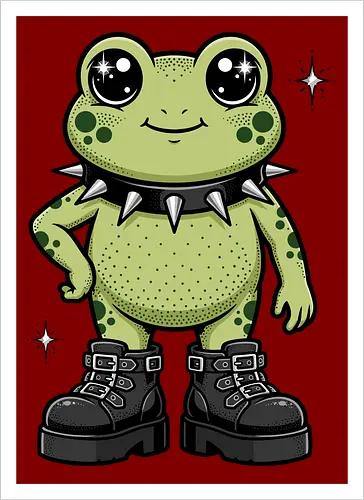 Punk Rock Toad: Kawaii Edge - punk frog shirt, kawaii goth apparel, edgy animal graphic tee, alternative streetwear clothing, spiked collar toad, chunky boots design, cute but psycho fashion, goblincore aesthetic tee, funny amphibian merch, comic book style graphic - Artprint
