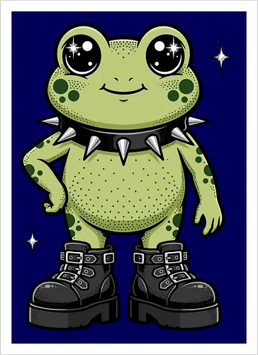 Punk Rock Toad: Kawaii Edge - punk frog shirt, kawaii goth apparel, edgy animal graphic tee, alternative streetwear clothing, spiked collar toad, chunky boots design, cute but psycho fashion, goblincore aesthetic tee, funny amphibian merch, comic book style graphic - Artprint