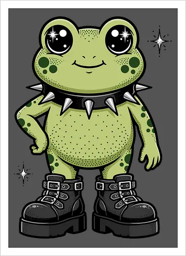 Punk Rock Toad: Kawaii Edge - punk frog shirt, kawaii goth apparel, edgy animal graphic tee, alternative streetwear clothing, spiked collar toad, chunky boots design, cute but psycho fashion, goblincore aesthetic tee, funny amphibian merch, comic book style graphic - Artprint