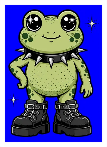 Punk Rock Toad: Kawaii Edge - punk frog shirt, kawaii goth apparel, edgy animal graphic tee, alternative streetwear clothing, spiked collar toad, chunky boots design, cute but psycho fashion, goblincore aesthetic tee, funny amphibian merch, comic book style graphic - Artprint