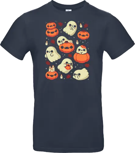 Cute Ghost with Halloween Pumpkin - cute ghost, pumpkin, halloween, spooky, creepy, candles, autumn leaves, kawaii ghost, fall, love, goth, cozy, trick or treats, magical, xmorfina - Standard T-Shirt