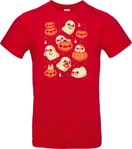 Cute Ghost with Halloween Pumpkin - cute ghost, pumpkin, halloween, spooky, creepy, candles, autumn leaves, kawaii ghost, fall, love, goth, cozy, trick or treats, magical, xmorfina - Standard T-Shirt