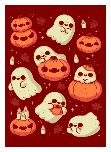 Cute Ghost with Halloween Pumpkin - cute ghost, pumpkin, halloween, spooky, creepy, candles, autumn leaves, kawaii ghost, fall, love, goth, cozy, trick or treats, magical, xmorfina - Artprint