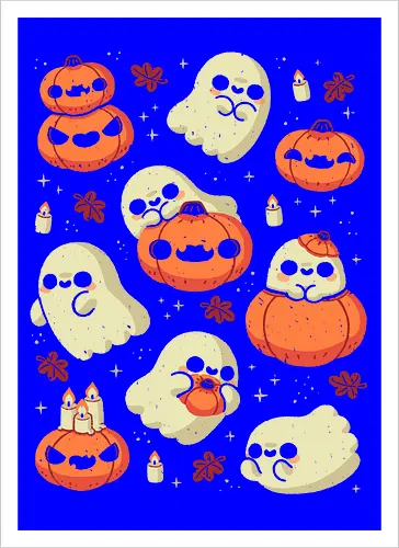 Cute Ghost with Halloween Pumpkin - cute ghost, pumpkin, halloween, spooky, creepy, candles, autumn leaves, kawaii ghost, fall, love, goth, cozy, trick or treats, magical, xmorfina - Artprint