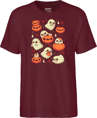 Cute Ghost with Halloween Pumpkin - cute ghost, pumpkin, halloween, spooky, creepy, candles, autumn leaves, kawaii ghost, fall, love, goth, cozy, trick or treats, magical, xmorfina - Fairtrade T-Shirt