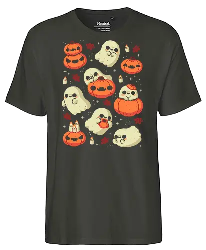 Cute Ghost with Halloween Pumpkin - cute ghost, pumpkin, halloween, spooky, creepy, candles, autumn leaves, kawaii ghost, fall, love, goth, cozy, trick or treats, magical, xmorfina - Fairtrade T-Shirt