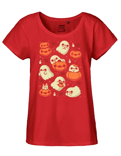 Cute Ghost with Halloween Pumpkin - cute ghost, pumpkin, halloween, spooky, creepy, candles, autumn leaves, kawaii ghost, fall, love, goth, cozy, trick or treats, magical, xmorfina - Fairtrade Girl Shirt