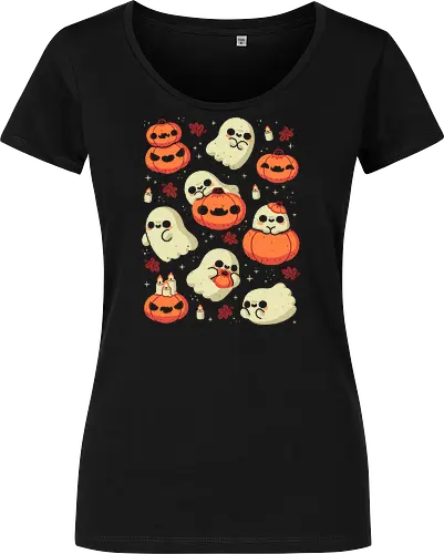 Cute Ghost with Halloween Pumpkin - cute ghost, pumpkin, halloween, spooky, creepy, candles, autumn leaves, kawaii ghost, fall, love, goth, cozy, trick or treats, magical, xmorfina - Women T-Shirt