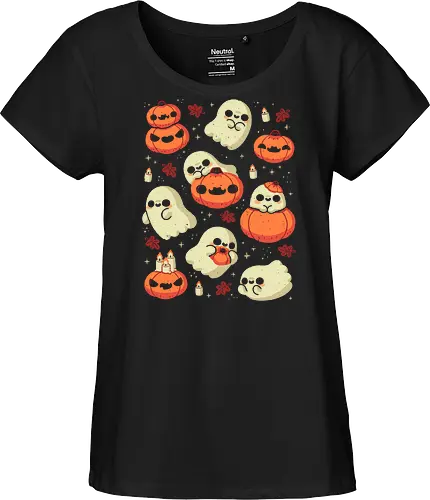 Cute Ghost with Halloween Pumpkin - cute ghost, pumpkin, halloween, spooky, creepy, candles, autumn leaves, kawaii ghost, fall, love, goth, cozy, trick or treats, magical, xmorfina - Fairtrade Girl Shirt