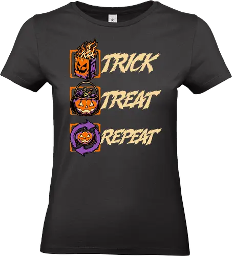 Halloween Trick Treat Repeat - Halloween, Halloween Humor, Halloween Design, Halloween Art, Halloween Aesthetic, Halloween Vibes, Funny Halloween, Halloween Pumpkin, Humor, Fun, Funny, Pumpkins, Pumpkin, Spooky Season, Spooky, Spooky Cute, Spooky Art, Spooky Vibes, Spooky Halloween, Spooky Humor, Creepy, Creepy Cute, Scary, Scary Cute, Candies, Candy, Jack O Lantern, Jack-o-lantern, Jack O Lantern Design, Fire, Bag, Trick Or Treat, Trick R Treat, Treats, Treat, Quote, Repeat - Standard T-Shirt (Women)