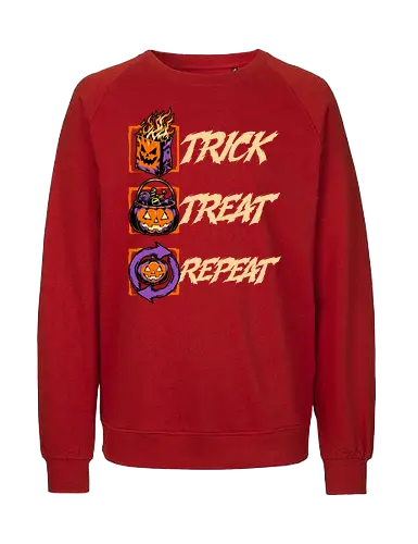 Halloween Trick Treat Repeat - Halloween, Halloween Humor, Halloween Design, Halloween Art, Halloween Aesthetic, Halloween Vibes, Funny Halloween, Halloween Pumpkin, Humor, Fun, Funny, Pumpkins, Pumpkin, Spooky Season, Spooky, Spooky Cute, Spooky Art, Spooky Vibes, Spooky Halloween, Spooky Humor, Creepy, Creepy Cute, Scary, Scary Cute, Candies, Candy, Jack O Lantern, Jack-o-lantern, Jack O Lantern Design, Fire, Bag, Trick Or Treat, Trick R Treat, Treats, Treat, Quote, Repeat - Fairtrade Sweatshirt