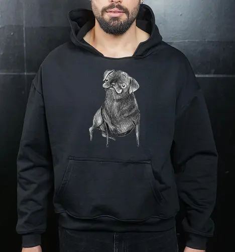 Der Kleine Gentleman Mit Dem Neugierigen Blick - Mops, süßer Hund, schwarzer Hund, süßes Tier, Tierkunst, Bleistiftzeichnung, Illustration, Hundeliebhaber, Haustier, Tierportrait, minimalistische Kunst, kleiner Hund, Schwarzweißkunst, neugieriger Hund, Hundekunst - Cropped Hoodie