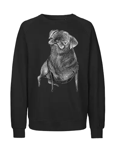 Der Kleine Gentleman Mit Dem Neugierigen Blick - Mops, süßer Hund, schwarzer Hund, süßes Tier, Tierkunst, Bleistiftzeichnung, Illustration, Hundeliebhaber, Haustier, Tierportrait, minimalistische Kunst, kleiner Hund, Schwarzweißkunst, neugieriger Hund, Hundekunst - Fairtrade Sweatshirt