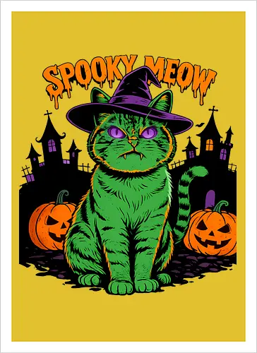 Spooky Meow – Halloween Katze mit Hexenhut - Halloween, Katze, Spooky Meow, schwarze Katze, Hexe, Hexenhut, Kürbis, Fledermaus, Spooky, Grusel, Gothic, Herbst, Katzenfan, Hexen, Halloween Katze - Artprint