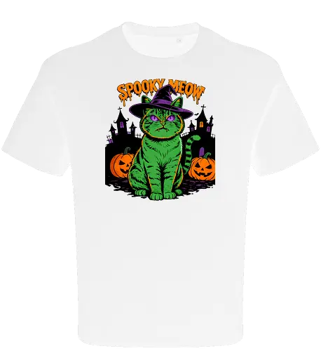 Spooky Meow – Halloween Katze mit Hexenhut - Halloween, Katze, Spooky Meow, schwarze Katze, Hexe, Hexenhut, Kürbis, Fledermaus, Spooky, Grusel, Gothic, Herbst, Katzenfan, Hexen, Halloween Katze - Oversize T-Shirt