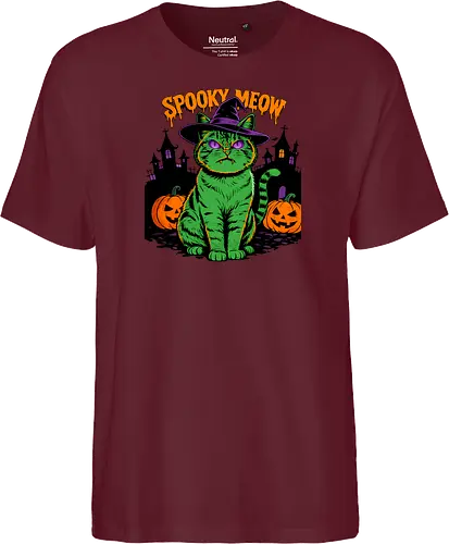 Spooky Meow – Halloween Katze mit Hexenhut - Halloween, Katze, Spooky Meow, schwarze Katze, Hexe, Hexenhut, Kürbis, Fledermaus, Spooky, Grusel, Gothic, Herbst, Katzenfan, Hexen, Halloween Katze - Fairtrade T-Shirt