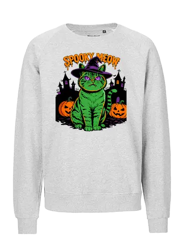 Spooky Meow – Halloween Katze mit Hexenhut - Halloween, Katze, Spooky Meow, schwarze Katze, Hexe, Hexenhut, Kürbis, Fledermaus, Spooky, Grusel, Gothic, Herbst, Katzenfan, Hexen, Halloween Katze - Fairtrade Sweatshirt