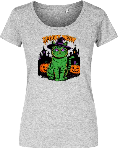 Spooky Meow – Halloween Katze mit Hexenhut - Halloween, Katze, Spooky Meow, schwarze Katze, Hexe, Hexenhut, Kürbis, Fledermaus, Spooky, Grusel, Gothic, Herbst, Katzenfan, Hexen, Halloween Katze - Women T-Shirt