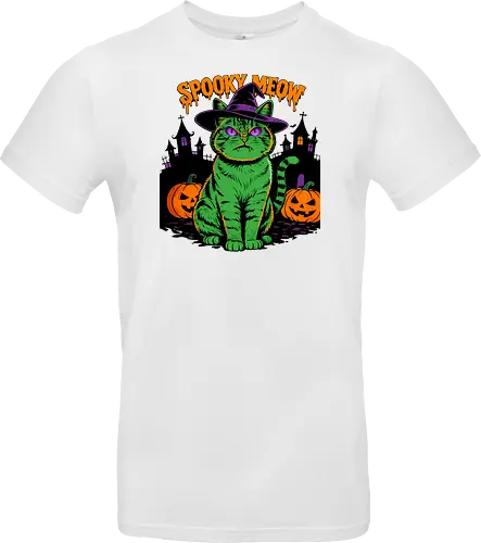 Spooky Meow – Halloween Katze mit Hexenhut - Halloween, Katze, Spooky Meow, schwarze Katze, Hexe, Hexenhut, Kürbis, Fledermaus, Spooky, Grusel, Gothic, Herbst, Katzenfan, Hexen, Halloween Katze - Standard T-Shirt